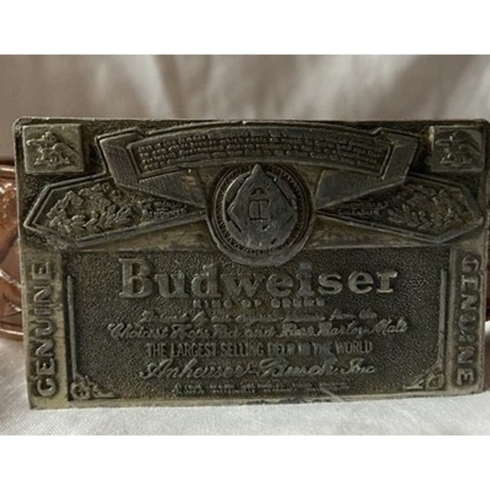 Vintage Budweiser Belt Buckle Genuine Bud Anheuser Busch Brass 1970s W/belt